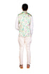 MULTICOLOUR WALLPAPER DIGITISED HANDPAINTED OFFWHITE WAISTCOAT, FAGGOTTING DETAIL WHITE SHIRT AND OFFWHITE PANTS + MULTICOLOUR STRIPE SHOES